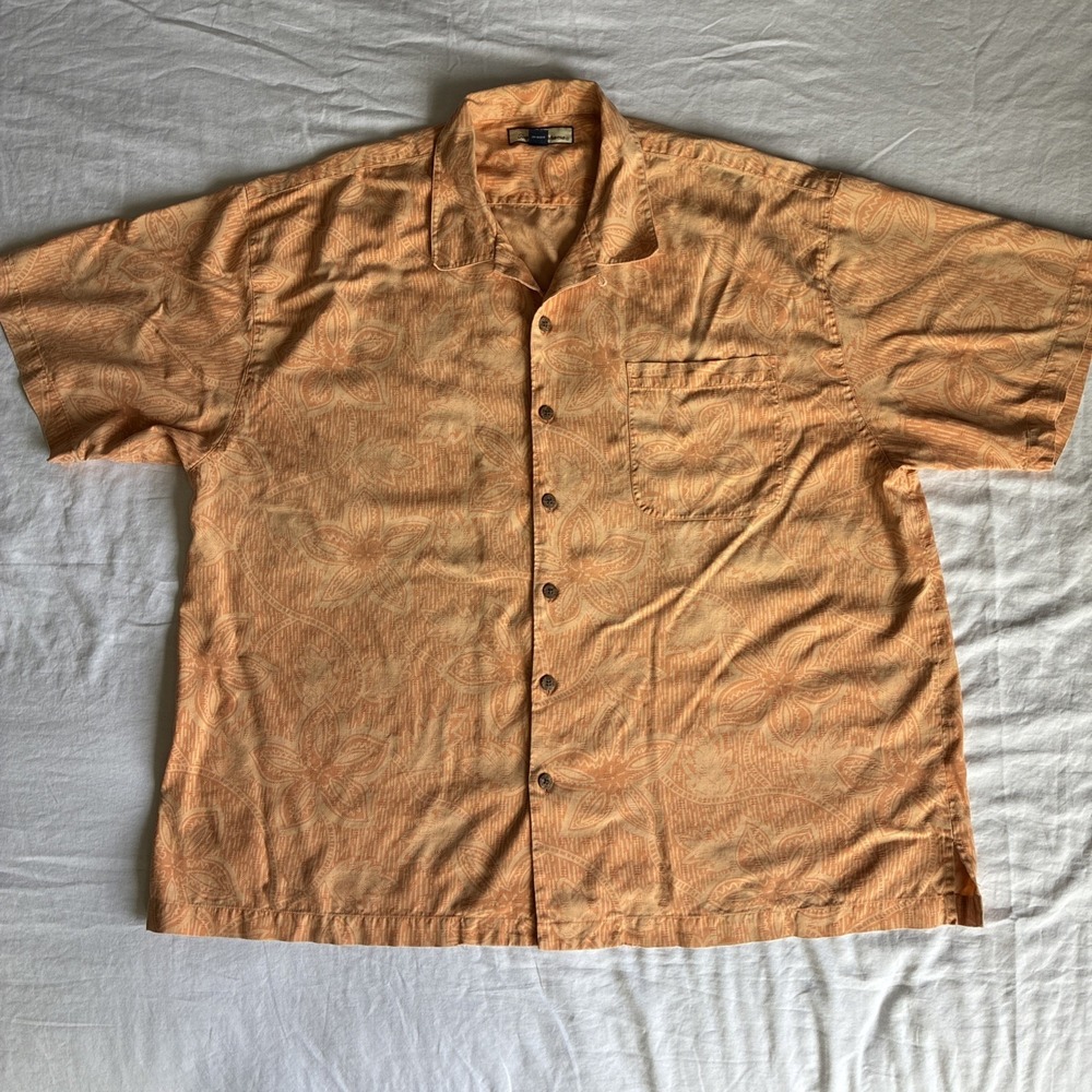 VTG Tommy Bahama‎ Men's Peach Palm Frond Print 100% Silk Hawaiian Shirt XXL